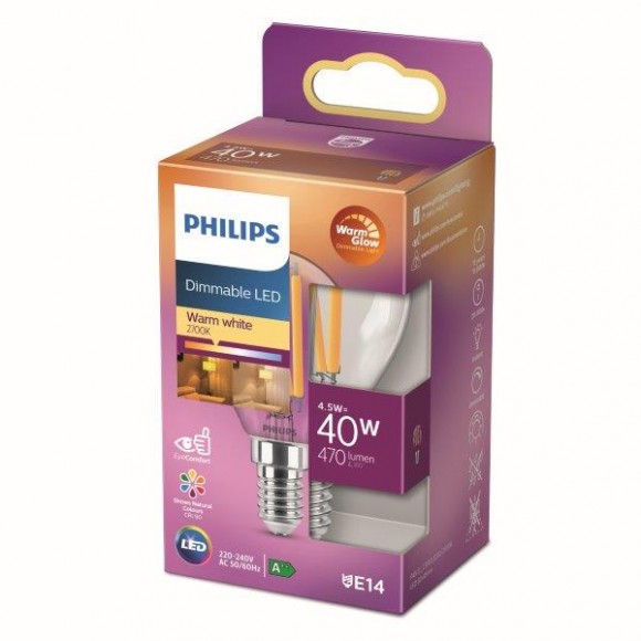 Philips 8718699780173 LED izzó 1x4,5W | E14 | 470lm | 2200-2700K - Warm Glow, szabályozható, átlátszó, Eyecomfort