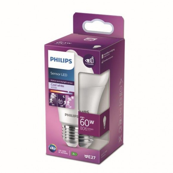 Philips 8718699782757 LED izzó 1x8W | E27 | 806lm | 4000K - hidegfehér, érzékelővel, matt fehér, EyeComfort