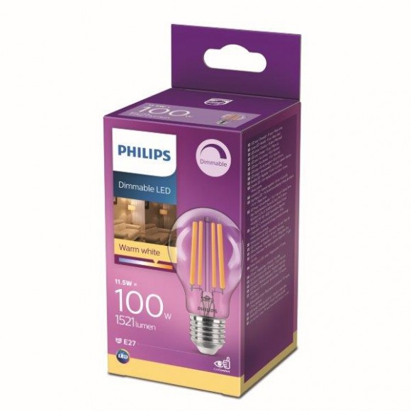 Philips 8718699788407 LED izzó 1x11,5W | E27 | 1521lm | 2700K - melegfehér, szabályozható, átlátszó, Eyecomfort