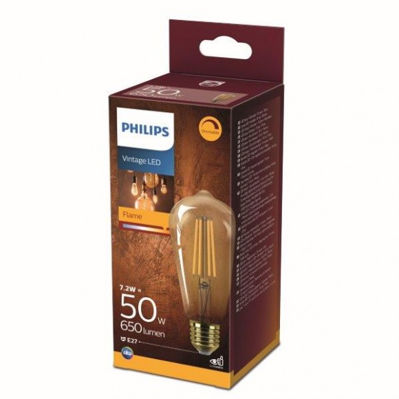 Philips 8718699788766 LED izzó Vintage 1x7,2W | E27 | 650lm | 2200K - láng, szabályozható, borostyánsárga, Eyecomfort