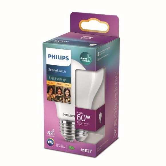 Philips 8719514263963 LED izzó 1x7,5W | E27 | 1055LM | 2200-2500-2700K - 3 fénymód, matt fehér, Eycomfort