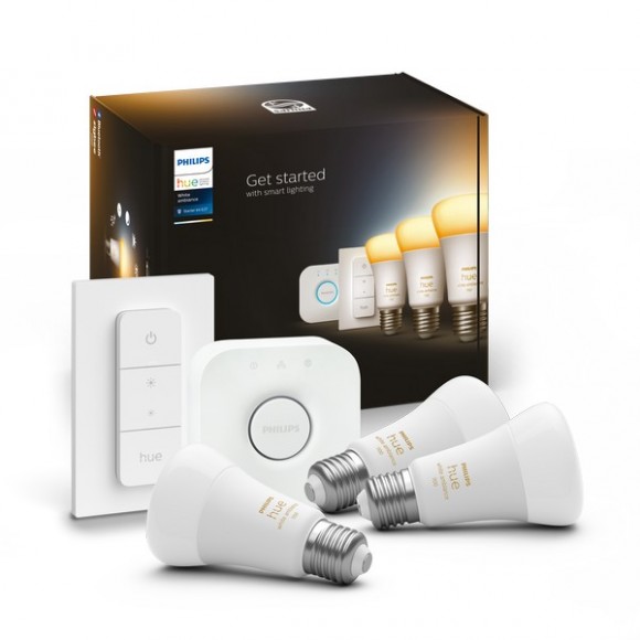 Philips Hue 8719514291232 LED izzók és Bridge Starter Kit készlet 3x8W | E27 | 1100lm | 2200-6500K -3 db-os készlet, szabályozható, ZigBee, Bluetooth, távirányító, White Ambiance, fehér