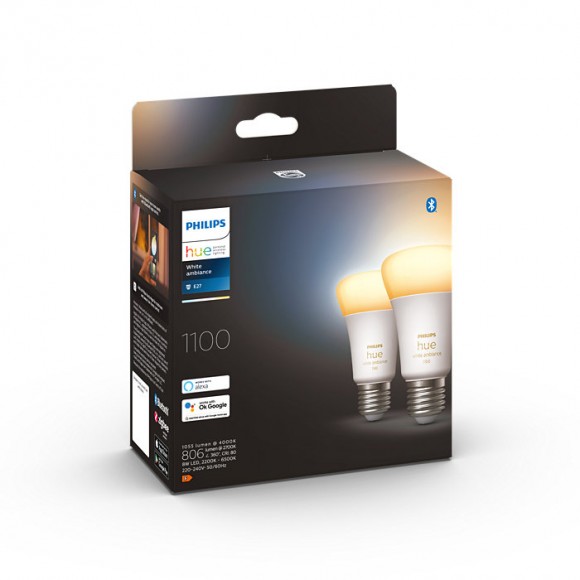 Philips Hue 8719514291256 LED izzók 2x8W | E27 | 1100lm | 2200-6500K - készlet, White Ambiance, szabályozható, Bluetooth