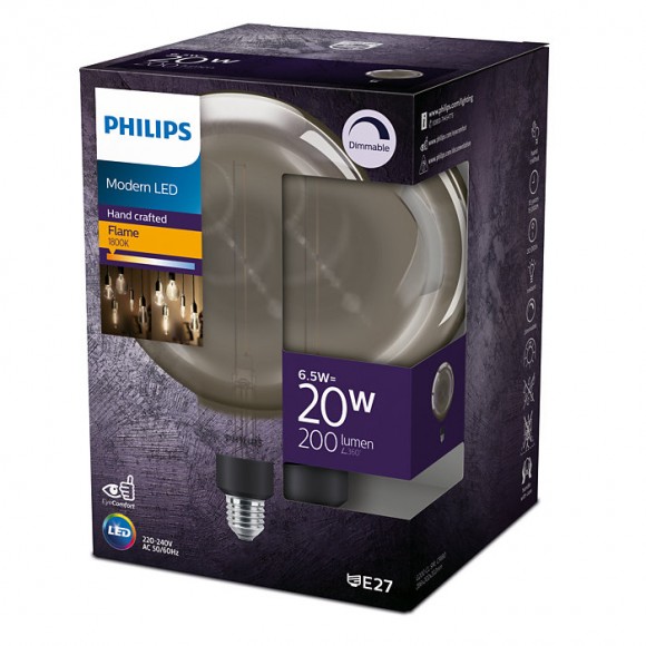 Philips 8719514315396 LED izzó 6,5W/20W | E27 | 200lm | 1800K | G200 - szabályozható, füstüveg