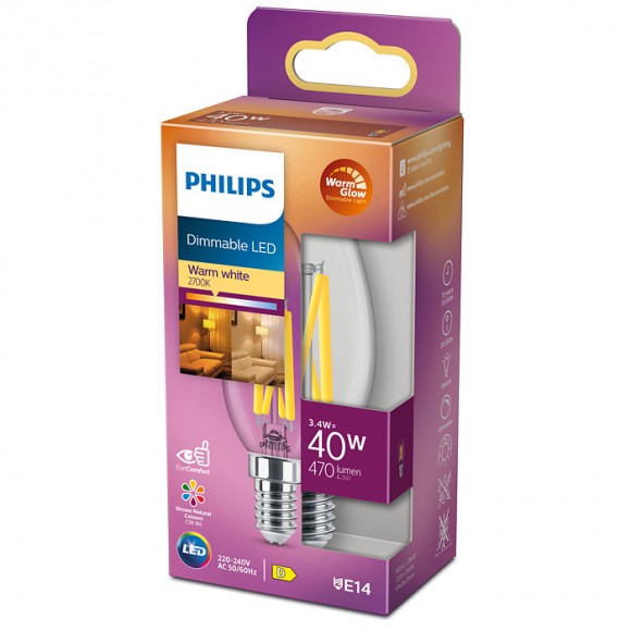 Philips 8719514324213 LED szénszálas izzó 3,4W/40W | E14 | 470lm | 2200-2700K | B35 - szabályozható, WarmGlow