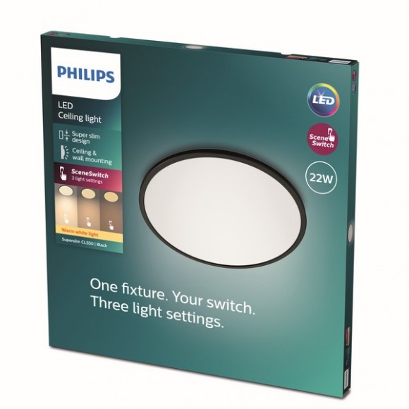 Philips 8719514327085 LED mennyezeti lámpa Super Slim 1x22W | 2000lm | 2700K - EyeComfort, fekete