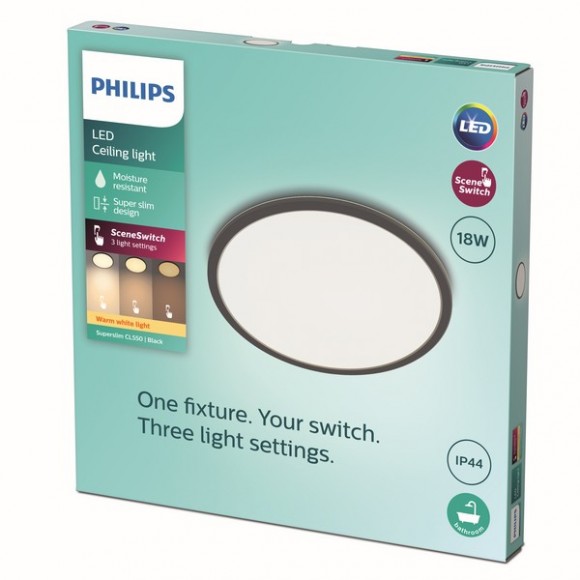 Philips 8719514327283 LED mennyezeti lámpa Super Slim 1x18W | 1500lm | 2700K | IP44 - EyeComfort, fekete