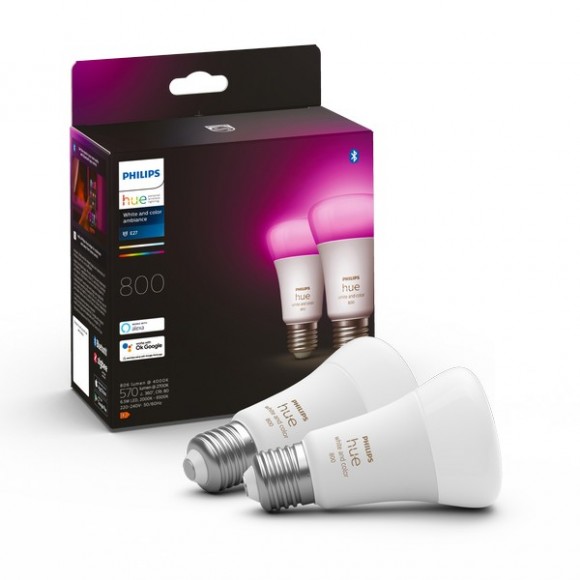 Philips Hue 8719514328365 LED izzó 1x6,5W | E27 | 800lm | 2000-6500K | RGB - 2 db-os készlet, Bluetooth, szabályozható, White and Color Ambiance