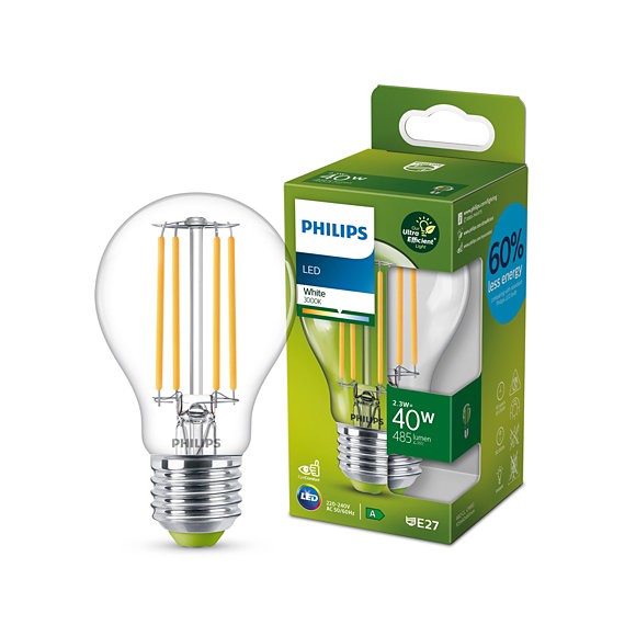 Philips 8719514343726 LED szénszálas izzó 1x2,3W/60W | E27 | 485lm | 3000K - átlátszó, Ultra Efficient