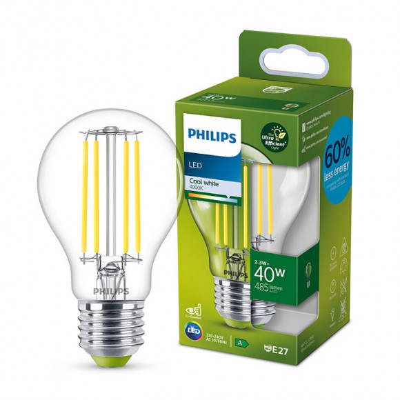 Philips 8719514343740 LED szénszálas izzó 1x2,3W/60W | E27 | 485lm | 4000K - átlátszó, Ultra Efficient