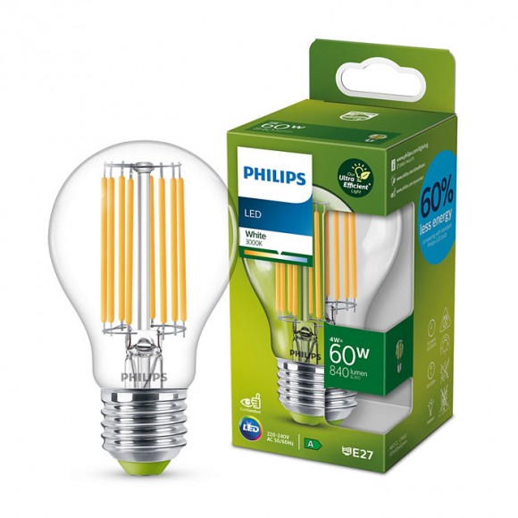 Philips 8719514343788 LED szénszálas izzó 1x4W/60W | E27 | 840lm | 3000K - átlátszó, Ultra Efficient