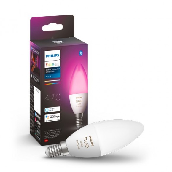 Philips Hue 8719514356610 LED intelligens izzó 1x4W | E14 | 320-470lm | 2000-6500K - White and color Ambiance, szabályozható, Bluetooth, fehér