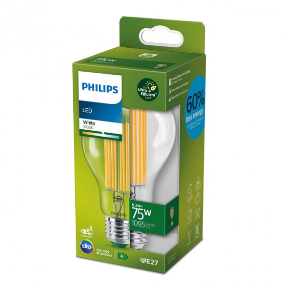 Philips 8719514435674 LED szénszálas izzó 1x5,2W/75W | E27 | 1535lm | 3000K - átlátszó, Ultra Efficient