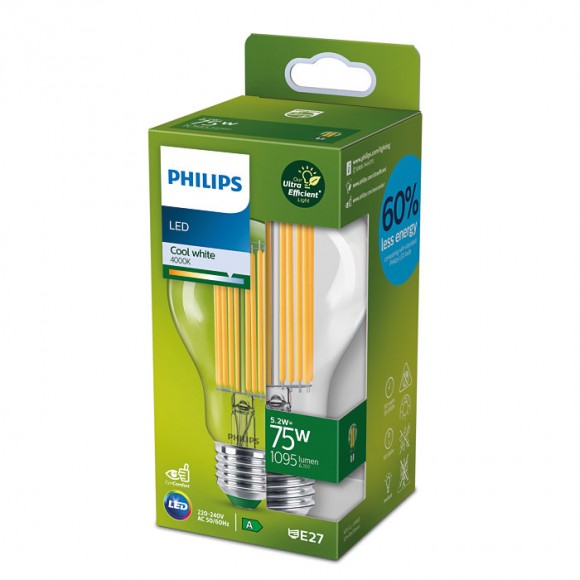 Philips 8719514435698 LED szénszálas izzó 1x5,2W/75W | E27 | 1535lm | 4000K - átlátszó, Ultra Efficient