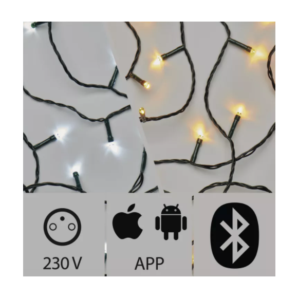 Emos ZY2189 LED karácsonyi füzér 20 méter 3,6W | IP44 | 200 izzó - hideg/meleg fehér, 8 üzemmód, bluetooth, időzítő