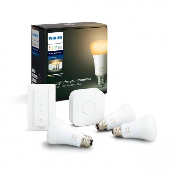 Philips Hue 8718699673345 Starter kit 3x LED izzó + távirányító Dimmer Switch + Bridge 9,5W|E27 - Bluetooth, White Ambiance