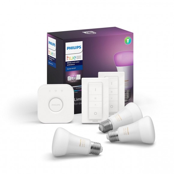 Philips Hue 8718699696917 Starter kit 3x LED izzó + 2x távirányító Dimmer Switch + Bridge 9W|E27 - White and Color Ambiance