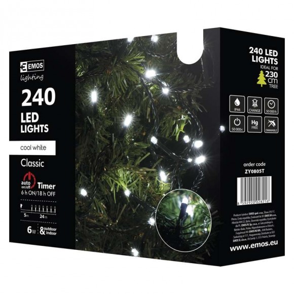 Emos ZY0805T LED karácsonyi fényfüzér Classic 24m 6W | IP44 | 240 izzó - hidegfehér, időzítő