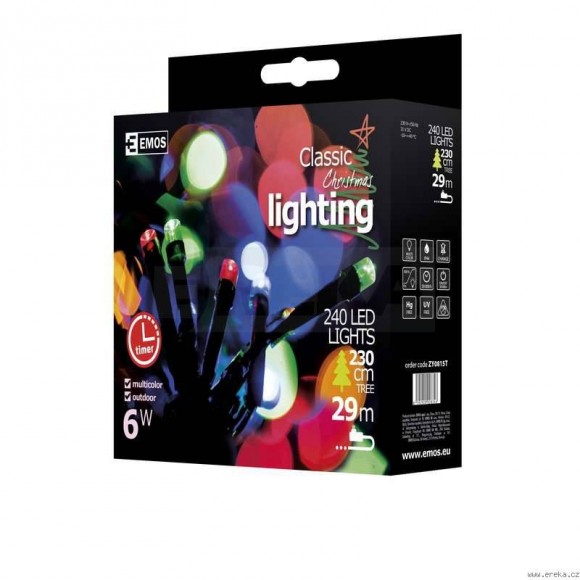Emos ZY0815T LED karácsonyi fényfüzér Classic 24m 6W | IP44 | 240 izzó - multicolor, időzíthető