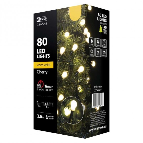 Emos ZY0902T LED karácsonyi fényfüzér Cherry 8m 3,6W | IP44 | 80 izzó - melegfehér, időzítő