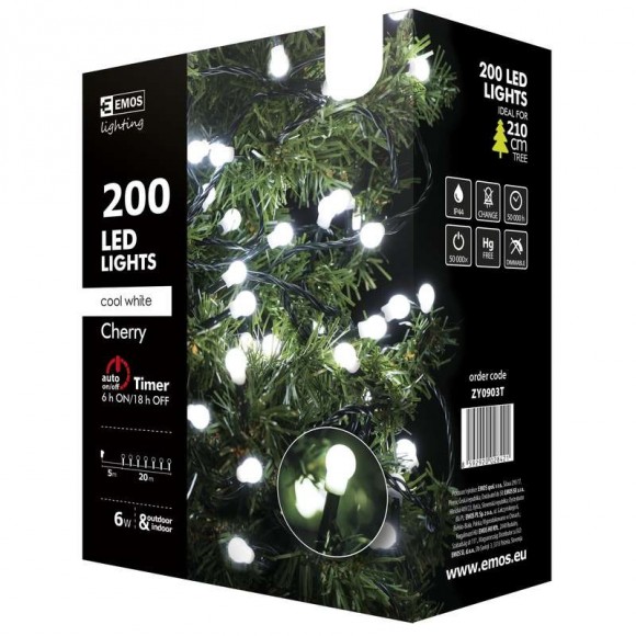 Emos ZY0903T LED karácsonyi fényfüzér Cherry 20m 6W | IP44 | 200 izzó - hidegfehér, időzítő
