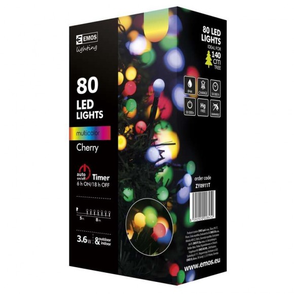 Emos ZY0911T LED karácsonyi fényfüzér Cherry 8m 3,6W | IP44 | 80 izzó - többszínű, időzítő