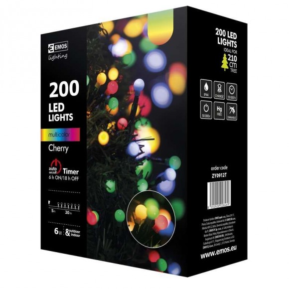 Emos ZY0912T LED karácsonyi fényfüzér Cherry 20m 6W | IP44 | 200 izzó - multicolor, időzítő