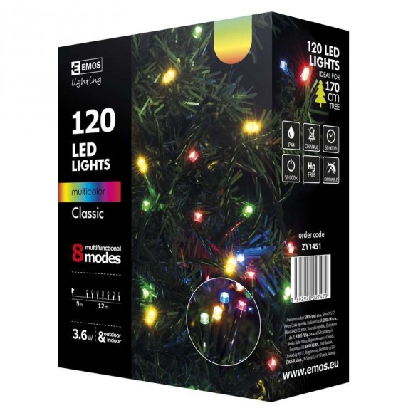 Emos ZY1451 LED karácsonyi fényfüzér Classic 12m 3,6W | IP44 | 120 izzó - multicolor, 8 üzemmód