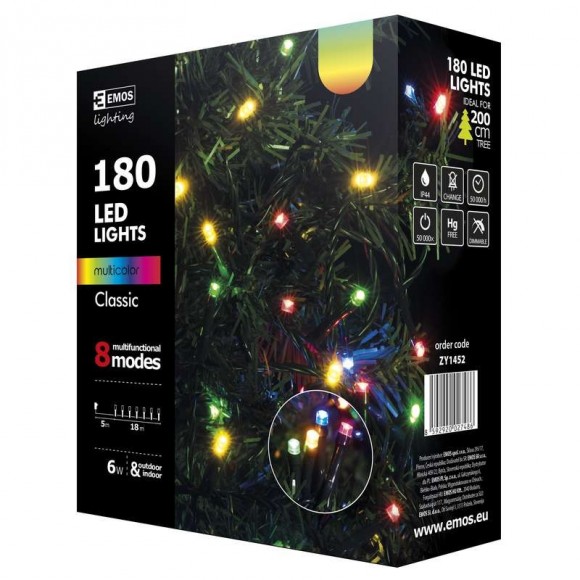 Emos ZY1452 LED karácsonyi fényfüzér Classic 18m 6W | IP44 | 180 izzó - multicolor, 8 üzemmód