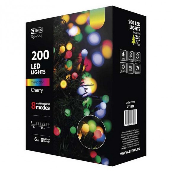 Emos ZY1454 LED karácsonyi fényfüzér Cherry 20m 6W | IP44 | 200 izzó - multicolor, 8 üzemmód