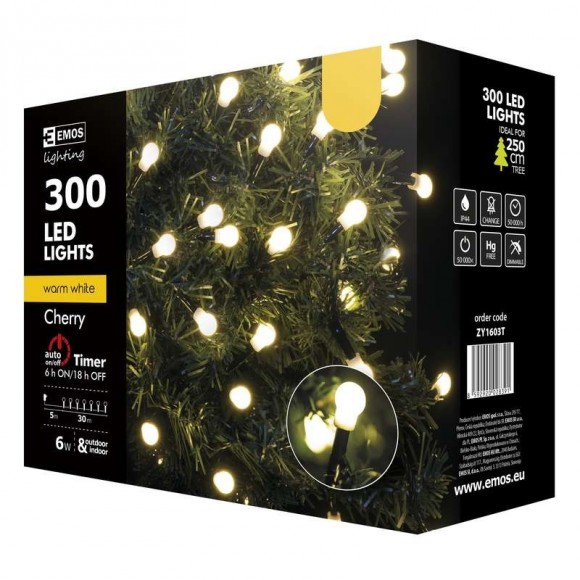 Emos ZY1603T LED karácsonyi fényfüzér Cherry 30m 6W | IP44 | 300 izzó - melegfehér, időzítő