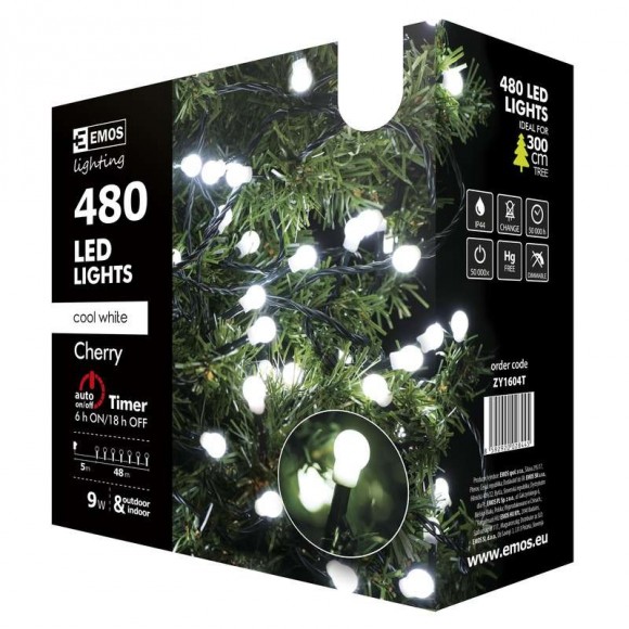 Emos ZY1604T LED karácsonyi fényfüzér Cherry 48m 9W | IP44 | 480 izzó - hidegfehér, időzítő