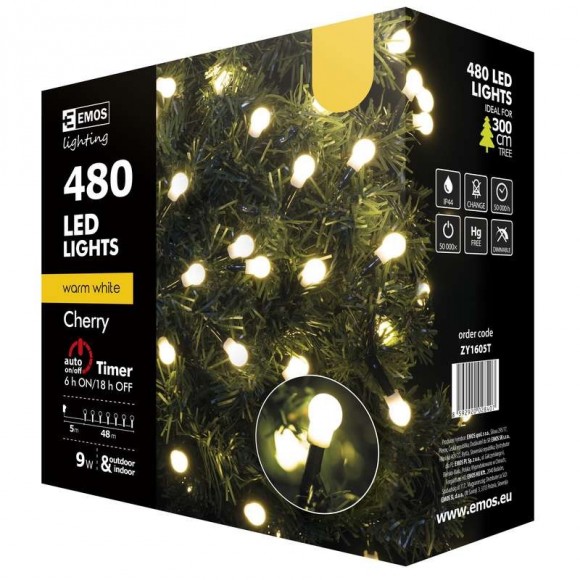 Emos ZY1605T LED karácsonyi fényfüzér Cherry 48m 9W | IP44 | 480 izzó - melegfehér, időzítő
