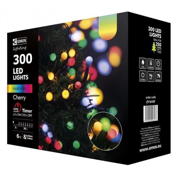 Emos ZY1610T LED karácsonyi fényfüzér Cherry 30m 6W | IP44 | 300 izzó - multicolor, időzítő