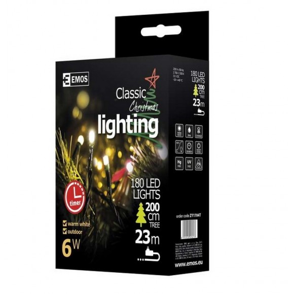 Emos ZY1704T LED karácsonyi fényfüzér Classic 18m 6W | IP44 | 180 izzó - melegfehér, időzítő