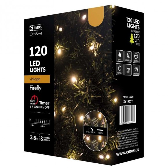Emos ZY1907T LED karácsonyi fényfüzér Cherry 12m 3,6W | IP44 | 120 izzó - sárga, időzítő, 50%-ban világító funkció, 50%-ban pulzáló funkció