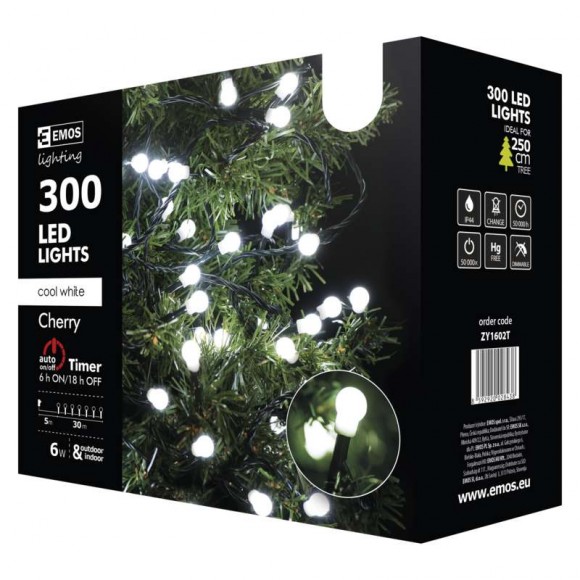 Emos ZY1602T LED karácsonyi fényfüzér Cherry 30m 6W | IP44 | 300 izzó - hidegfehér, időzítő